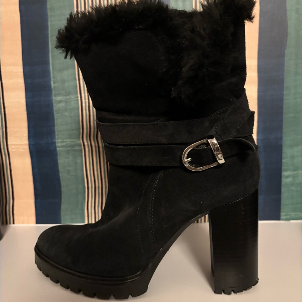 Barneys New York Black Heeled Boots with Fur Trim